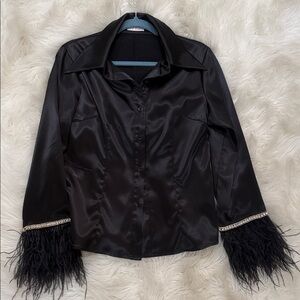 Elegant Black Button Down Shirt with Feather Cuffs